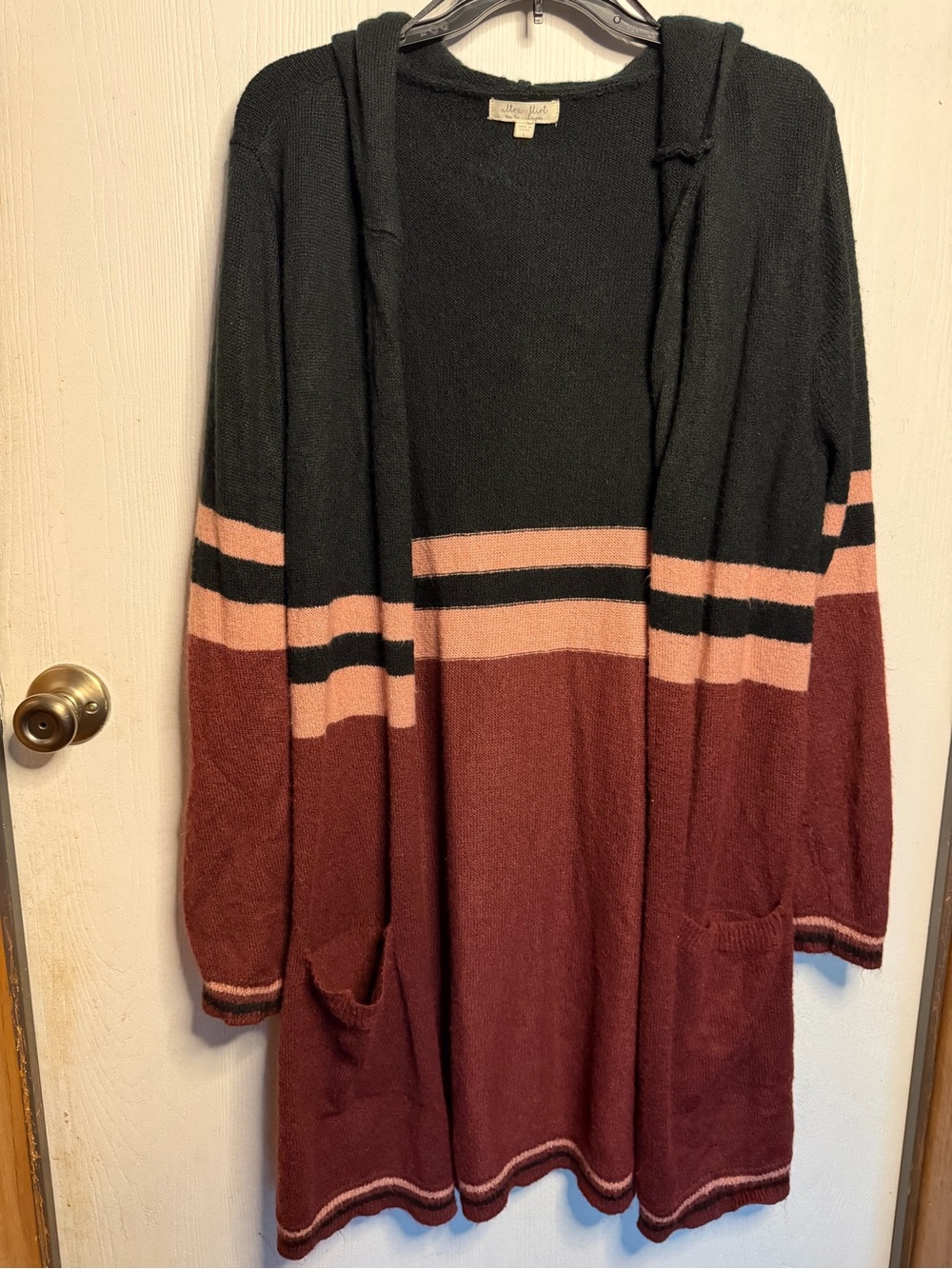 Ultra Flirt Colorblock Hooded Open Cardigan — Black, Pink & Burgundy